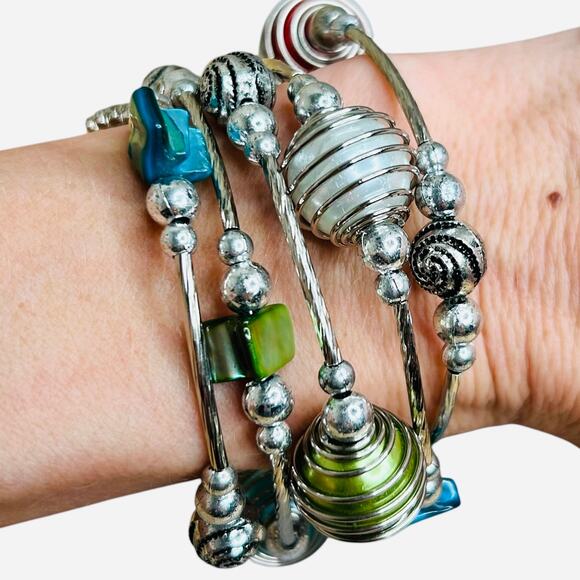 Colorful Caged Bead Silver Tone Flex Wire Stretch Bracelet - Picture 5 of 5